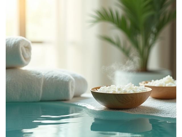 Une pièce lumineuse et apaisante d'un spa de luxe avec des serviettes douces et des bougies aromatiques.