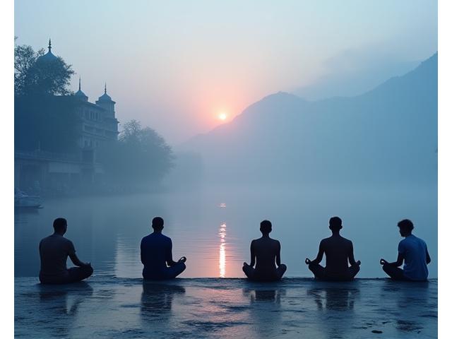 Scène paisible sur les rives du Gange à Rishikesh, Inde, avec des yogis méditant.