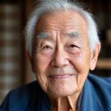 Portrait d'un maître potier japonais âgé, le visage ridé par l'expérience et le sourire doux, devant son tour de potier, les mains couvertes d'argile.