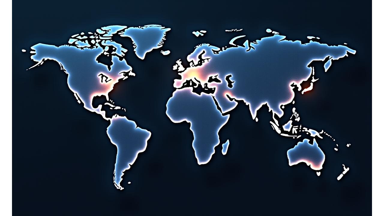 Carte stylisée du monde avec des points lumineux indiquant 35 destinations d'immersion culturelle, des lignes subtiles reliant ces points, symbolisant le voyage et la connexion.