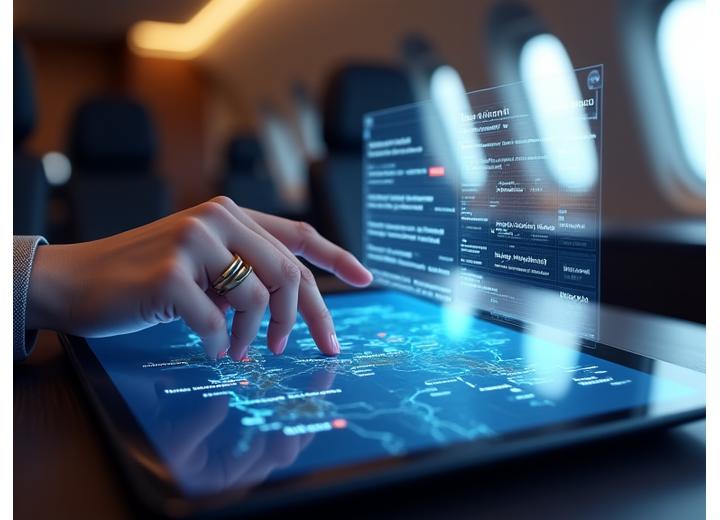Interface d'application mobile élégante présentant un itinéraire de voyage personnalisé avec des recommandations basées sur l'IA, entourée de symboles holographiques de données et d'innovation.