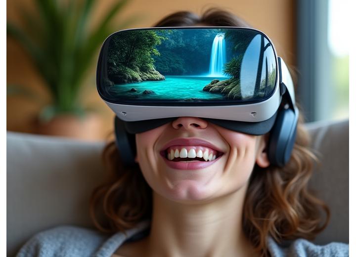 Personne souriante dans un fauteuil confortable, portant un casque VR, un paysage exotique luxuriant est reflété dans ses lunettes, suggérant une prévisualisation de voyage.