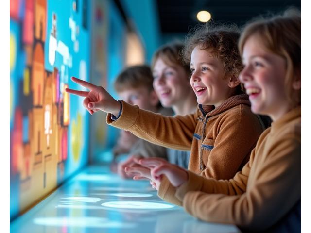 Une famille riant et explorant un musée interactif à Londres, avec des enfants engagés dans des expositions et des parents détendus.