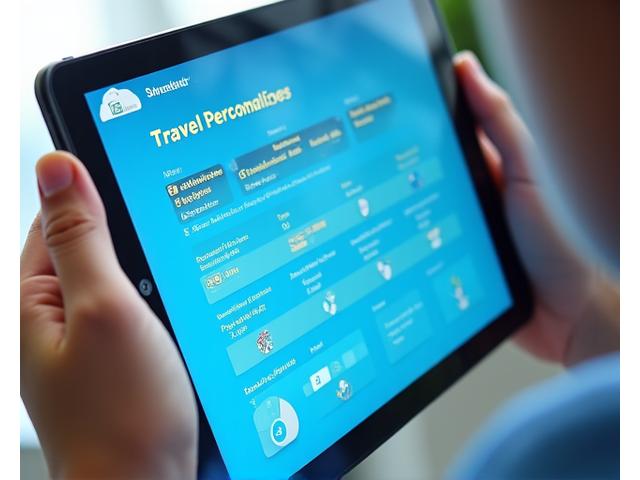 Un tableau de bord utilisateur interactif sur une tablette, affichant des curseurs et des sélecteurs pour les préférences de voyage tel que budget, style culinaire, et activités, avec des profils d'utilisateur visuels et des recommandations de destination en temps réel.