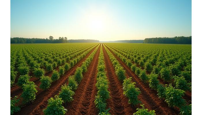 Vue aérienne d'une forêt nouvellement plantée, avec des jeunes pousses s'étendant à perte de vue sous un ciel clair.